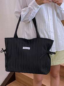 Bolsa de tote de gran capacidad, de unicolor y de pana simple - Negro - Ver 3