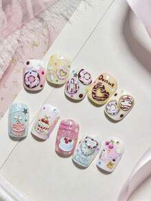 1张生日快乐主题美甲贴纸，蛋糕蜡烛图案，自粘式5D立体卡通贴纸，适合家庭美甲沙龙，女士DIY生日庆祝美甲用品，生日祝福美甲 - 彩色 - 查看 4