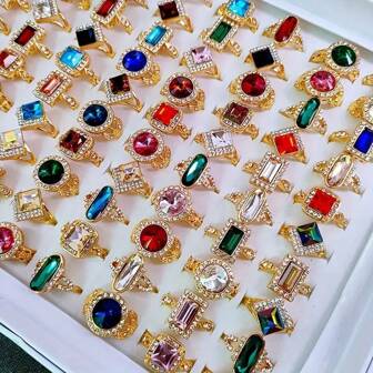 10pcs/Pack Luxury Colorful Rhinestone Inlaid Multi-Style Alloy Rings, Korean Elegant Simple Mixed Designs For Finger Accessory, Party, Wedding, Daily Wear, Jewelry, Random Delivery In OPP Bag