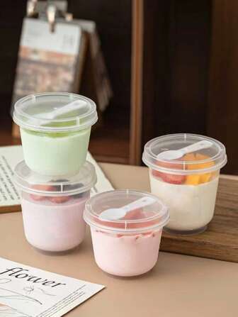 10/20件套耐热加厚布丁杯，冰淇淋、果冻、酸奶、面包店商用甜品杯，带盖和勺子的PP塑料杯，创意珍珠奶茶外卖杯