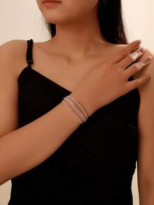 1 pieza Brazalete de mujer de 3 capas abierto de moda, joyería con adorno de cristales de estilo minimalista - pulsera - Ver 10