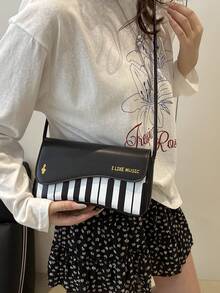 PU Material Versatile Casual Women's Shoulder Bag With Letter & Music Note Print - Black and White - View 3