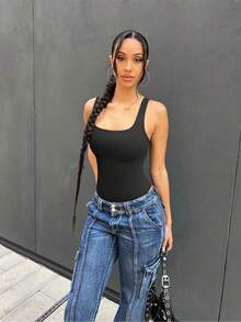 Women's Bodysuits Sexy Ribbed Sleeveless  Square Neck Sleeveless Tank Tops Bodysuits