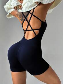 经典复古交叉露背设计+提拉塑形，性感露背+收腰剪裁，健身和街头穿搭的理想提拉单品，优雅的露背绑带+塑形缝线，修身交叉露背+腹部塑形剪裁，性感欧式风格，交叉露背绑带，提拉收腰，复古剪裁，四向透气弹力，凸显曲线的紧身连体衣 - 藏蓝色 - 查看 5