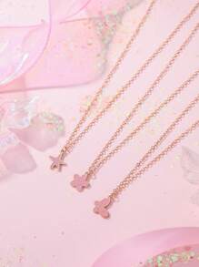 3 Stücke/Set Süßer Sommer Strand rosa Schmetterling Fünf-Blüten-Blume Seestern Anhänger, goldene Halskette Schmuckset für Frauen, Sommer Reise Strand Party Tägliches Tragen Schmuckset