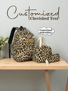3pcs Personalized Embroidered Leopard Print Backpack Set, Customized Name Embroidery, Large Capacity Minimalist Student Backpack, Lunch Bag & Pencil Case, Lightweight Multi-Function School Bag, Suitable As Gift For Elementary, Middle, High School Students, Family, Friends, Christmas, Easter, New Year, Mother's Day, Women's Day, Valentine's Day, Teacher's Day, Nurse's Day, Birthday