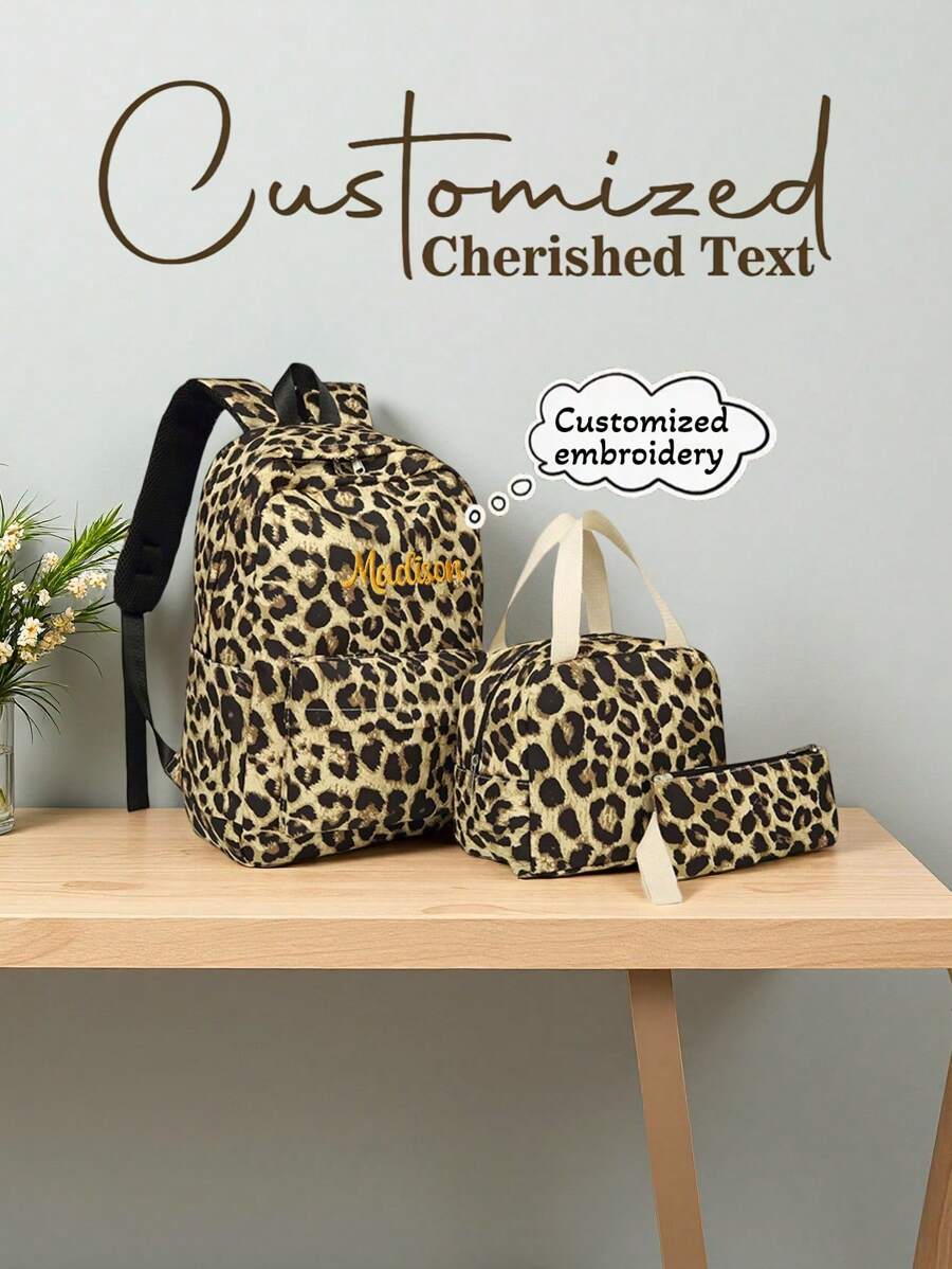 3pcs Personalized Embroidered Leopard Print Backpack Set, Customized Name Embroidery, Large Capacity Minimalist Student Backpack, Lunch Bag & Pencil Case, Lightweight Multi-Function School Bag, Suitable As Gift For Elementary, Middle, High School Students, Family, Friends, Christmas, Easter, New Year, Mother's Day, Women's Day, Valentine's Day, Teacher's Day, Nurse's Day, Birthday