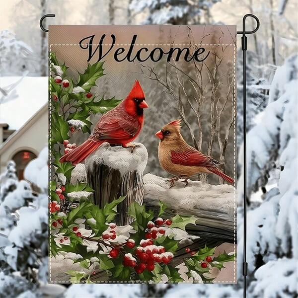 1pc Welcome Cardinal & Mistletoe Winter Christmas Garden Flag - Double-Sided Waterproof Polyester, 12x18 Inch Outdoor Yard Decor With Vibrant Red Cardinals, Holly Berries & Snowy Winter Scene - Holiday Home Decoration, Outdoor Christmas Decorations For Yard