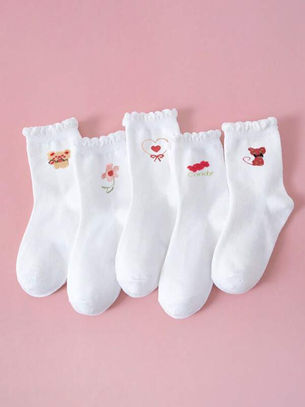 5 pares de calcetines deportivos para niños/niñas/niños, con diseños adorables de gato, oso, caramelo, corazón y flor, de moda, suaves y amigables con la piel, con capacidad de absorción de humedad y transpirables, de media caña, aptos para uso diario de estudiantes, regalos festivos y viajes al aire libre.