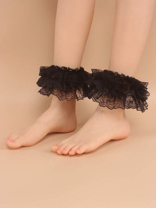 1 Par Punhos de Tornozelo com Babados de Renda Preta Femininos, Mangas Elásticas para os Pés para Festa, Casamento, Decoração de Tornozelo Estilo Lolita