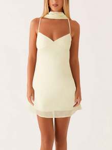 Women Y2K Floral Mini Dress With Choker Scarf Spaghtti Strap V-Neck Low Cut Mesh Bodycon Short Dresses Summer Backless Sleeveless Going Out Cami Dress Beach Vacation Party Club Cute Sundress - 黃色 - 查看 3