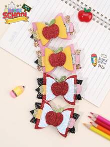Set de 4 lazos para el cabello con forma de lápiz de manzana brillante para niñas para volver al colegio, con pinzas de caimán, coloridos y brillantes, accesorios para el cabello para el primer día de clases, regalo para estudiantes del nuevo semestre, pasadores para el cabello para adolescentes