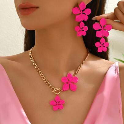 مجموعة مجوهرات من القلادة والأقراط 3 قطع بزهرة ملونة، طراز أنيق وطازج، مناسبة لهدية المرأة، الرحلات، والارتداء اليومي