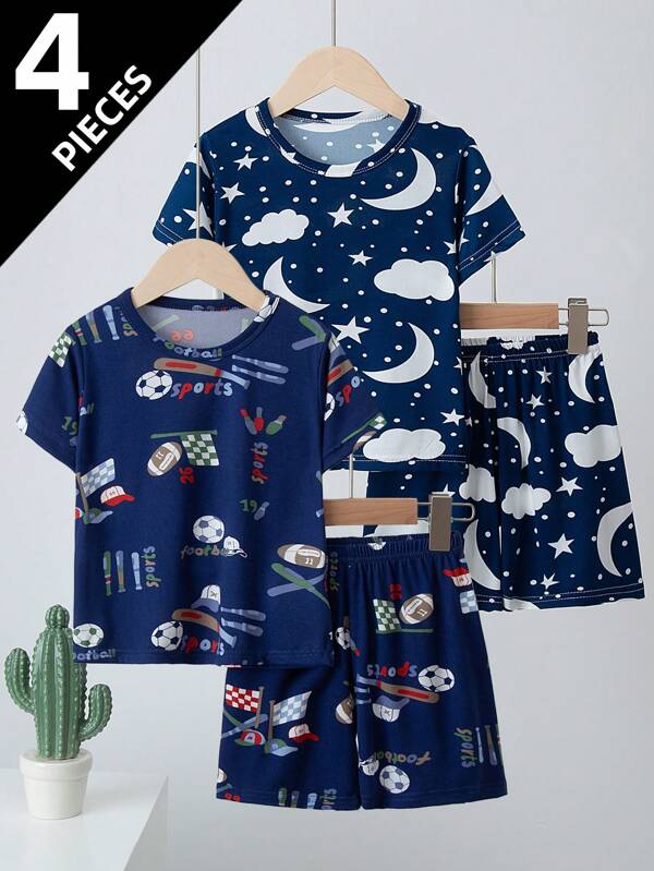 4pcs Kids Pajama Set For Boys, Short Sleeve Shorts, Lightweight Sleepwear, Suitable For Little And Big Boys Aged 4-12