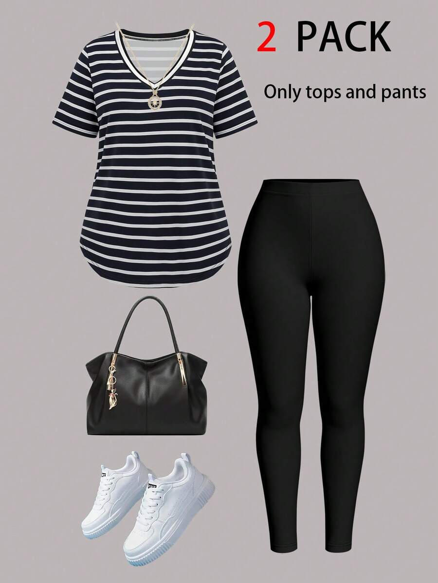 2 pièces Ensemble de t-shirt à col en V à manches courtes et pantalon rayés, pour femmes grandes tailles, pour l'été - Noir - Voir 1