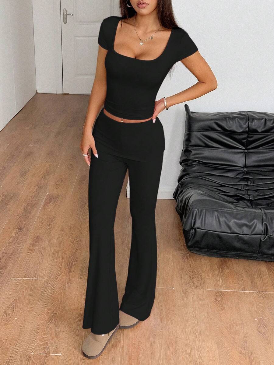Women's Two Pieces Sports Casual Solid Color Sexy Slim Square Collar ...
