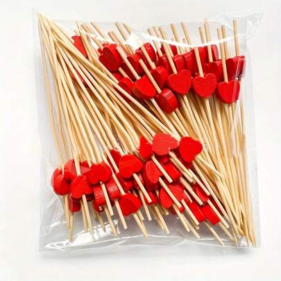 200/100/80/50/30/20pcs/Pack Red Heart Shaped Bamboo Skewers, Fruit Picks, Appetizer Picks, Suitable For Valentine's Day, Birthday, Wedding, Party And More,School Supplies