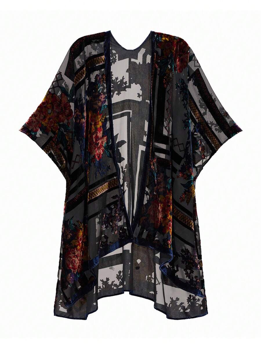 Easter Gift Velvet Kimono Cardigan For Women With Burnout Print, Long Velvet Kimono Swimsuit Cover Up, Black Color With Lozenge Flower, 1 Size Fits Al - Black Color with Lozenge Flower - 查看 1