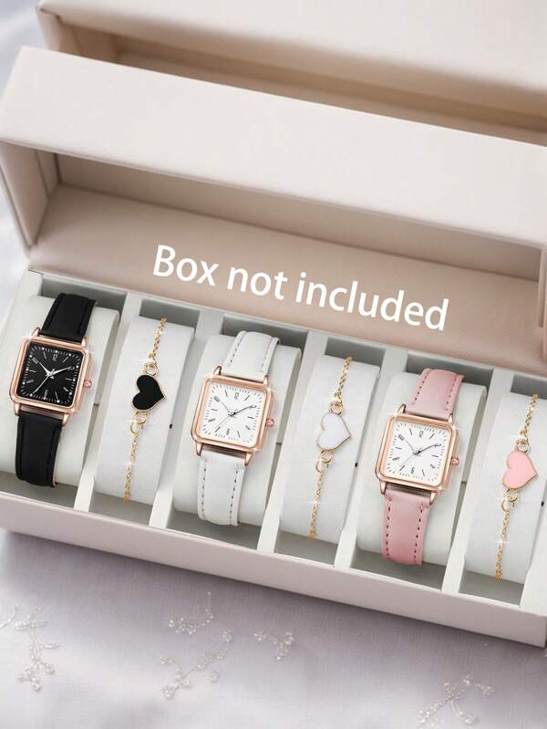Conjunto de 6 relojes de cuarzo con esfera digital cuadrada de moda casual para mujeres, adecuado para uso diario, regalos de cumpleaños, Día de San Valentín