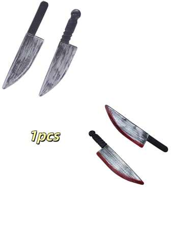 1 st Halloweenfest plastleksakskniv, vapenutrustningsrekvisita, gjuten fruktkniv, kniv med fejkblodiga grönsaker, spetsig kniv, kostymrekvisita [Vissa delar slumpmässigt utvalda, färg kan variera]