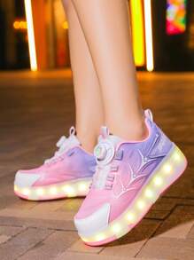 女士LED闪光休闲运动鞋，适合所有季节，时尚旋转扣舒适旱冰鞋优雅渐变平底户外滑板鞋跑步运动鞋