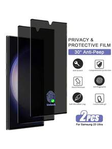 2片裝隱私螢幕保護貼，相容 Galaxy S21/S21+/S22/S22+/S23/S23+/S24/S24 Ultra/S24+/S24FE/S25/S25 Plus/S25 Ultra/Galaxy A16/A05/A36/A54 5G/A34/A70/A12，支援指紋解鎖，9H 鋼化玻璃膜，手機配件 - 黑色 - 查看 2
