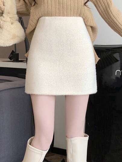 두꺼워진 하이웨스트 A라인 미니 스커트, 플러시 디자인, 숏팬츠 스타일, 스몰 사이즈 여성용