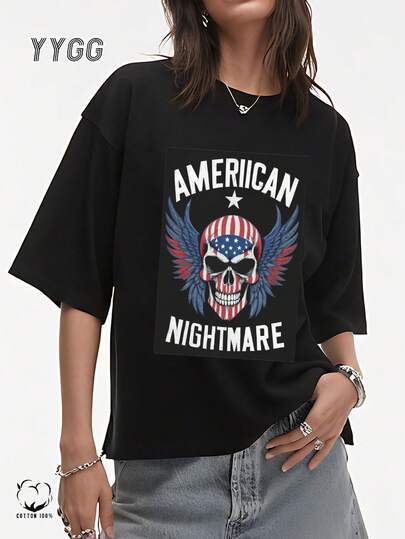 1 camiseta gráfica creativa | Estampado de bandera de calavera de pesadilla estadounidense | Diseño creativo único, estilo artístico, unisex, para todas las estaciones, regalo perfecto para sus seres queridos, amigos y familiares.
