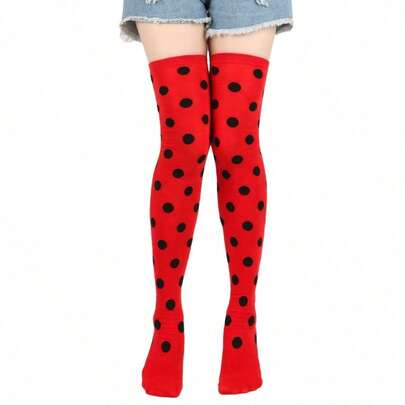 Party Makeup Ball Decoration Props Socks Performance Party Cosplay 7-Star Ladybug Red Black Polka Dot Socks, Polka Dot Heart Over-The-Knee Socks Back To School Autumn Accessories