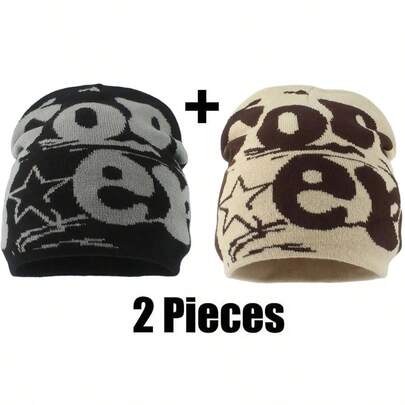 2pcs/Set European & American Popular Stylish Letter Knitted Beanie, Reversible Jacquard Design Pom Pom Hat For Women