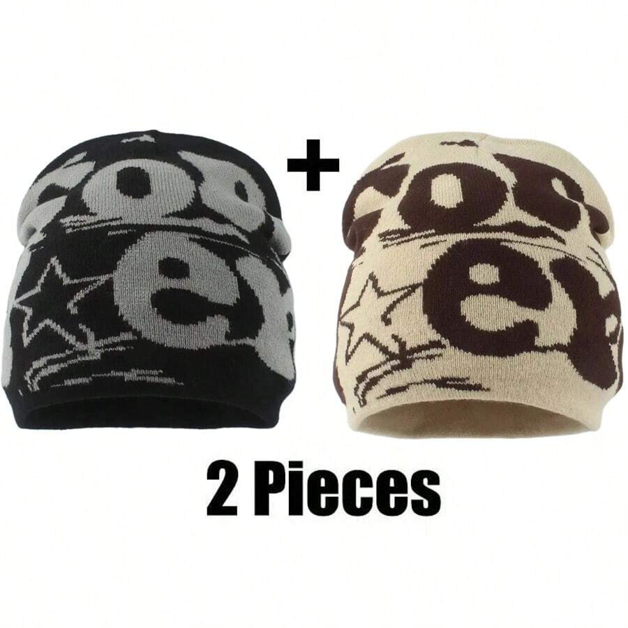 2 件套欧美流行时尚字母针织帽，双面提花设计绒球帽，女士