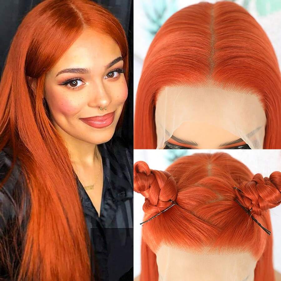 13X6 Platinum White Synthetic Lace Front Wigs 28 Inch Pre Plucked Long Straight Hair Wigs Glueless White Wigs Heat Resistant Fiber Hair Natural Halloween Wigs Platinum Blonde Lace Front Wigs For Women For Daily Christmas Party Cosplay Use - Red Orange - 查看 1