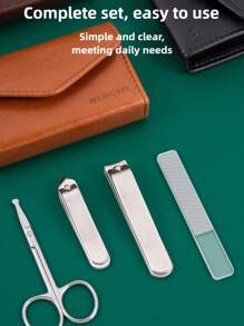 4Pcs Set Stainless Steel Nail Clipper Set With 3 Color Stylish Leather Case Options - Includes Nose Scissors And Nail File, Perfect For Travel And Gifts