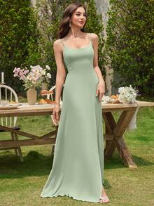 Volly Toych Celadon Solid Color Floor-Length Chiffon Spaghetti Straps Elegant Formal Bridesmaid Dress With Low Back, Wedding Guest Dress - Mint Green - View 5