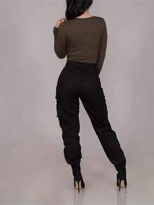 Pantalones cargo casuales con cintura elástica, bolsillos y unicolor, pantalones utilitarios versátiles y de moda para mujeres - Negro - Ver 4