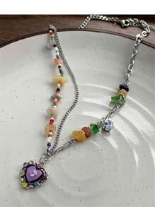 Color Bead Heart Necklace, Vintage Multicolored Stone Enameled Heart Pendant Necklace, Choker Necklace For Girls (Random Color/Placement)