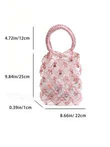 Handmade Crochet Sequin Clutch Bag, Leisure Hollow-Out Handbag For Party/Beach, Large Capacity Versatile Summer Beach Tote - Pink - View 2