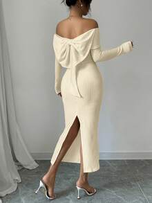 abyoxi Đầm dự tiệc hở vai tay dài màu trơn thanh lịch có trang trí nơ sau lưng, ngày lễ tình nhân, thời trang, quần áo mới cho phụ nữ mùa xuân - mai nhẹ - Xem 2