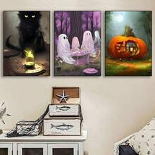 1 件/3 件墙面艺术海报可选框架/带框万圣节幻想艺术可爱鬼魂艺术海报印刷品适用于画廊客厅家居装饰黑暗万圣节帆布画墙面艺术画礼物 - 彩色 - 查看 5