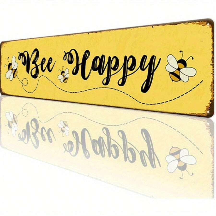 Señal de madera inspiradora de 40.64cm x 10.16cm con el mensaje "Abeja Feliz", arte de pared motivacional con un mensaje positivo para la decoración del hogar, cocina de estilo granja, sala de estar, baño, oficina, cafetería, regalo alentador, arte colgante de pared