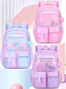 1 件套流沙公主印花背包，带可爱蝴蝶结，多口袋大容量，可调节肩带，拉链开合，涤纶衬里，防水材质，适合通勤、日常使用、返校礼物