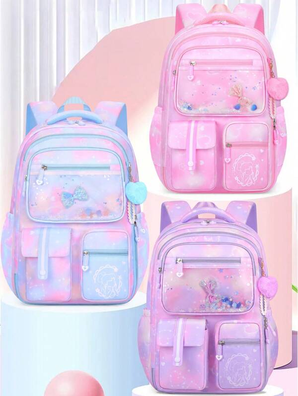 1pc Set Quicksand Princess Print Backpack With Cute Bowknot, Multi-Pocket Large Capacity, Adjustable Straps, Zipper Closure, Polyester Lining, Waterproof Material, Suitable For Commuting, Daily Use, Back To School Gift