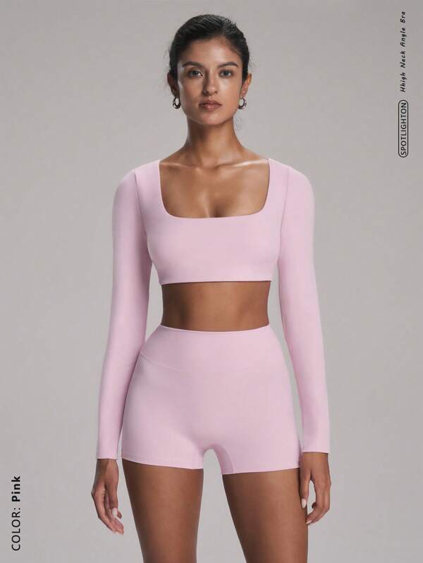 FWH Conjunto deportivo de 2 piezas para mujer con top de manga larga versátil, cómodo y elegante para yoga, correr al aire libre, citas, ir al trabajo u otras ocasiones casuales. Incluye diseño de almohadillas desmontables y pliegues en las caderas para estilizar la figura y realzar las piernas.