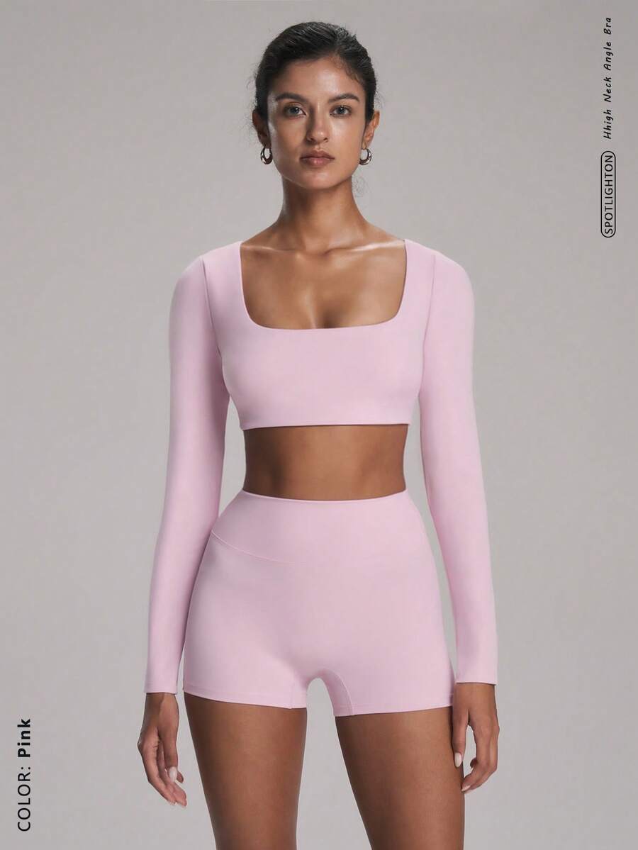 FWH 时尚瑜伽户外跑步约会通勤基础百搭弹力性感街头服饰休闲舒适校园青春长袖上衣带可拆卸垫和臀部褶皱设计修身提臀美腿优雅简约运动两件套，套装2件套女士 - 粉色 - 查看 1