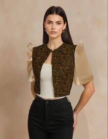 Amyenjoylife Floral Ruffle Sleeve Philippine Style Short Cardigan For Women, Spring/Summer - Brown - View 3