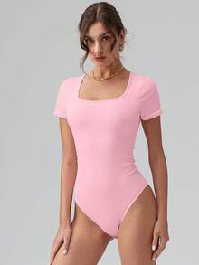 OQQ Women Bodysuits Ruched Short Sleeve Square Neck Stretch Lounge Travel Bodysuits - Pink - View 2