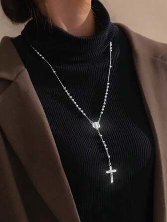 Elegant Stainless Steel Cross Pendant Necklace With Beaded Chain - Versatile Religious Symbol Jewelry For Men And Women, Perfect For Daily Wear Or Gifting On Special Occasions