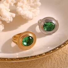 MamacitaSlay 1pc Vintage Style Stainless Steel 18K Gold Plated Elliptical Green Zirconia Stone Personalized Ring
