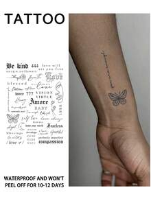 1Pc Fake Tattoo Temporary Tattoos Semi Permanent Tattoo Y2K Letter Waterproof Sweatproof Last For 1-2 Weeks Realistic Herbal Juice Anti-Friction Non-Reflective Black For Woman And Men Tattoo Stickers For Arm, Chest, Leg, Abdomen, Waist, Finger, Neck, Spine, Modernist Body Art