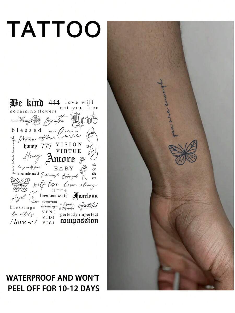 1Pc Fake Tattoo Temporary Tattoos Semi Permanent Tattoo Y2K Letter Waterproof Sweatproof Last For 1-2 Weeks Realistic Herbal Juice Anti-Friction Non-Reflective Black For Woman And Men Tattoo Stickers For Arm, Chest, Leg, Abdomen, Waist, Finger, Neck, Spine, Modernist Body Art